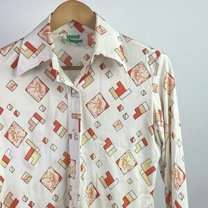 Vtg 70’s Great Shape Brand Shirt Arnel Triacetate Disco Collar Geometric Boho